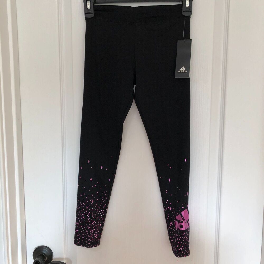 Adidas Girls YG Cozy Tight Black Purple Starburst Leggings AK4838 Size S 7/8 NEW